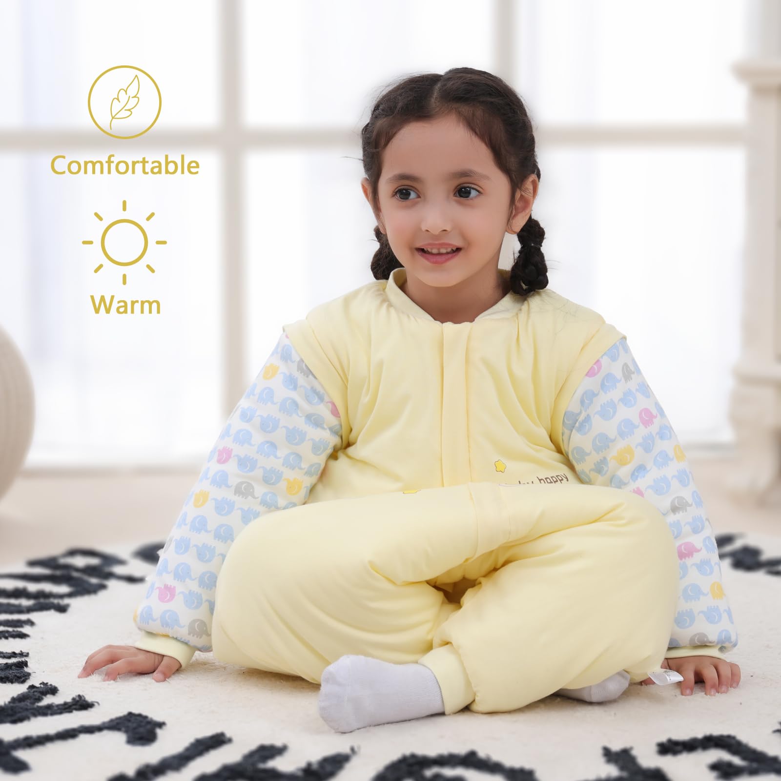 MIKAFEN Sacco nanna a maniche lunghe con piedi 3,5 tog invernale, per bambini - sacco nanna invernale con gambe - 100% cotone, Luna gialla (6-18 mesi)