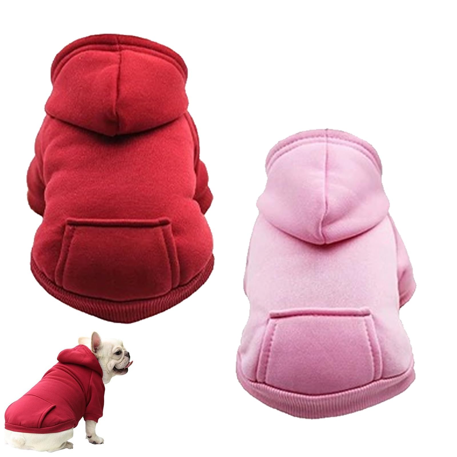 2 Pack Dog Hoodie Warm Hood Dogs Sweater Cold Weather Small Dogs Sweatshirt Winter Pet Coat Warm Fleece Lined Dog Clothes Pet Hoodie with Pockets Pet Clothes Puppy Cat Custume (Red+pink, L)