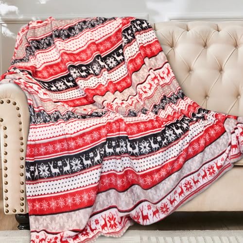 HITIME Christmas Twin Blanket - Christmas Gray Red Stripe, Ultra-Soft Plush Blanket, Lightweight Warm Decor for Bed, Couch, Movie Nights (Twin - 60"x80")