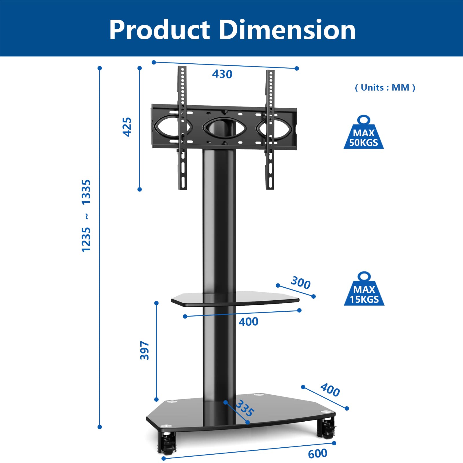 Soporte TV Con Ruedas UNHO Para 65-100 Pulgadas - Altura Ajustable, 2 Estantes De Madera, 100 Kg Máx, Ideal Para Salón Y Oficina