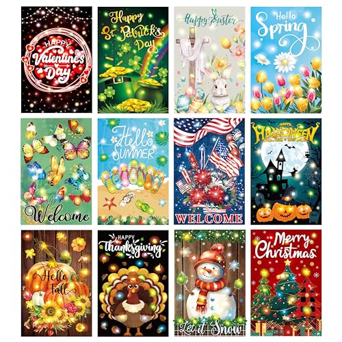 Remagr Lot de 12 drapeaux solaires de jardin à DEL saisonniers de 30,5 x 45,7 cm double face pour Halloween, Noël, automne, Thanksgiving, décoration de jardin, vacances, cour, extérieur, pelouse