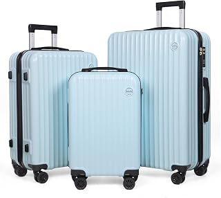 3-Piece Hardside Luggage Set, ABS+PC Spinner Suitcase with Anti-Burst Zipper & Built-in Lock, 20/24/28 Inch (blue)