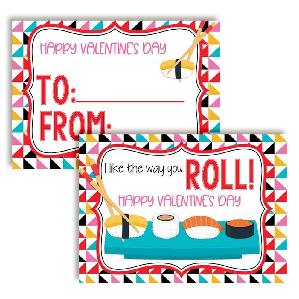 Amanda CreationI Like The Way You Roll Cute Sushi Themed Valentine's Day Cards for Kids to give to Friends & Classmates, Thirty (30) 3.5" x 5" Fill In Cards (Without Envelopes) by
