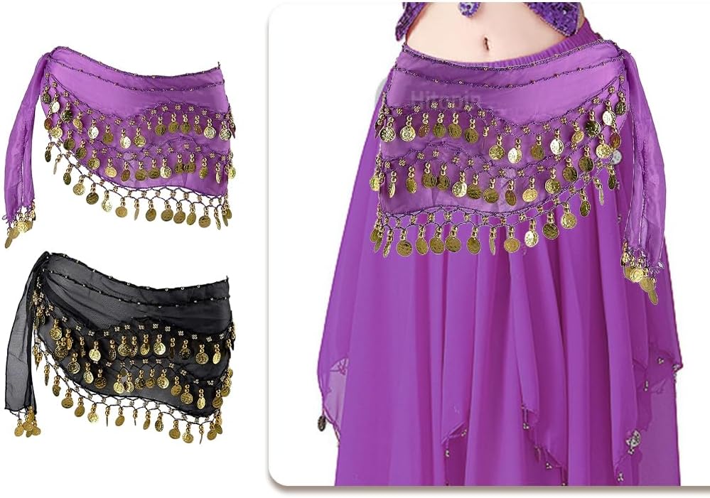 2 Pieces Belly Dance Hip Scarf, Belly Dancing Skirt with 128 Gold Coins, Belly Dance Hip Skirt, Belly Dancing Skirt Hip Scarves, for Belly Dance Yoga Class, Women (Black, Purple) - Image 6