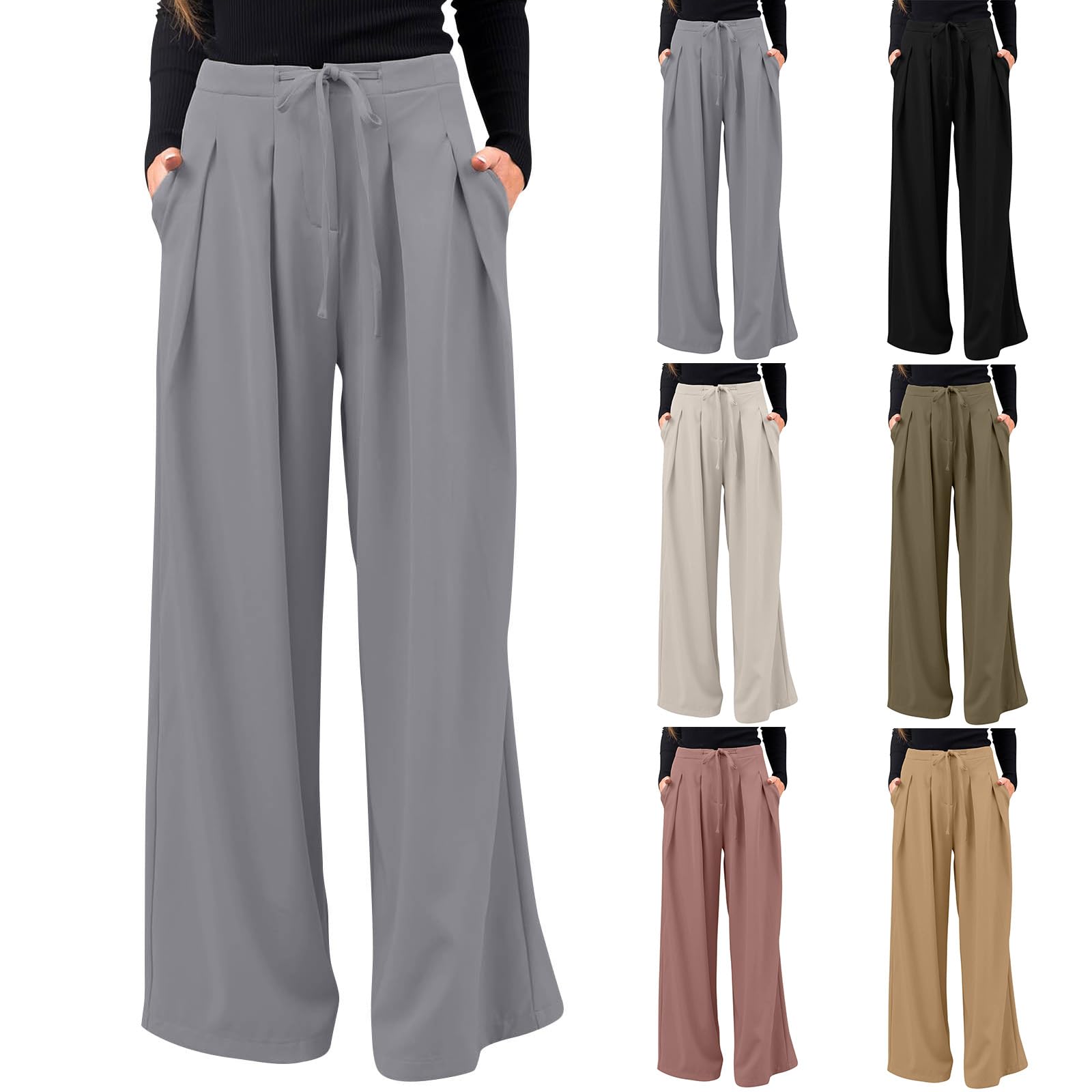 Wide Leg Trousers Pants for Women High Waisted Work Pants Business Casual Dress Pants Drawstring Slacks with Pockets