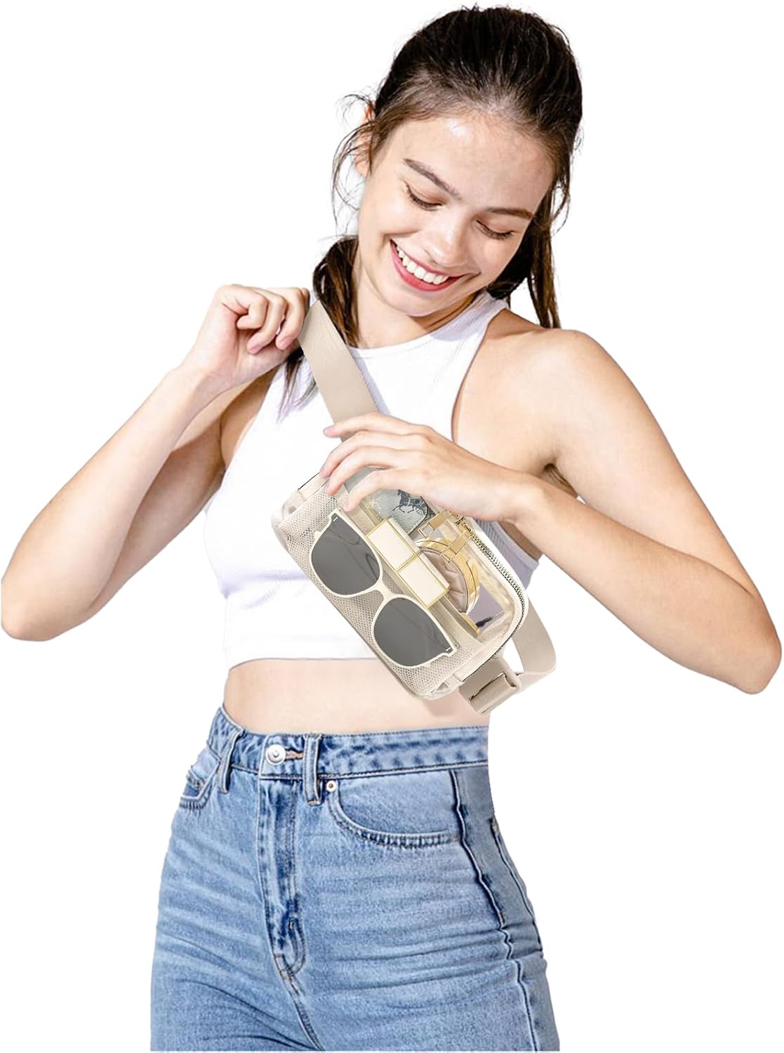 Clear Fanny Pack Belt Bag Stadium Approved for Women Men with Adjustable Strap Water-resistant Waist bag Clear Purse for Travel Workout Running Hiking(Beige) - Image 2