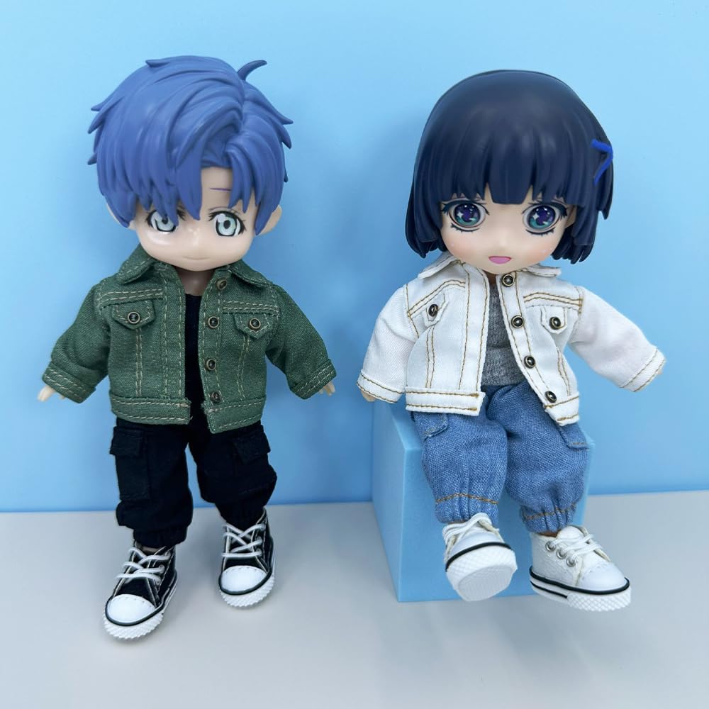 niannyyhouse OB11 1/12 BJD ubranka dla lalek płaszcz spodnie z kieszeniami kamizelka buty dżinsowy strój 10,9 cm figurki lalki dressup (niebieski)