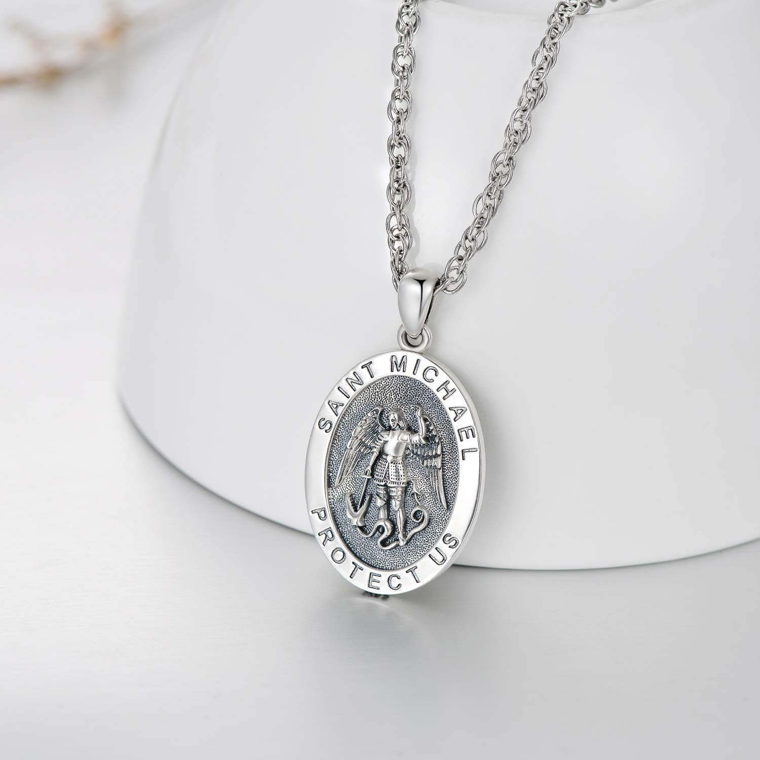 KINGWHYTE St Michael Necklace for Men Women 925 Sterling Silver St Michael Pendant Amulet Michael Archangel Michael Pendant Oval Medal Stainless Steel Chain Jewellery Gifts - Image 3