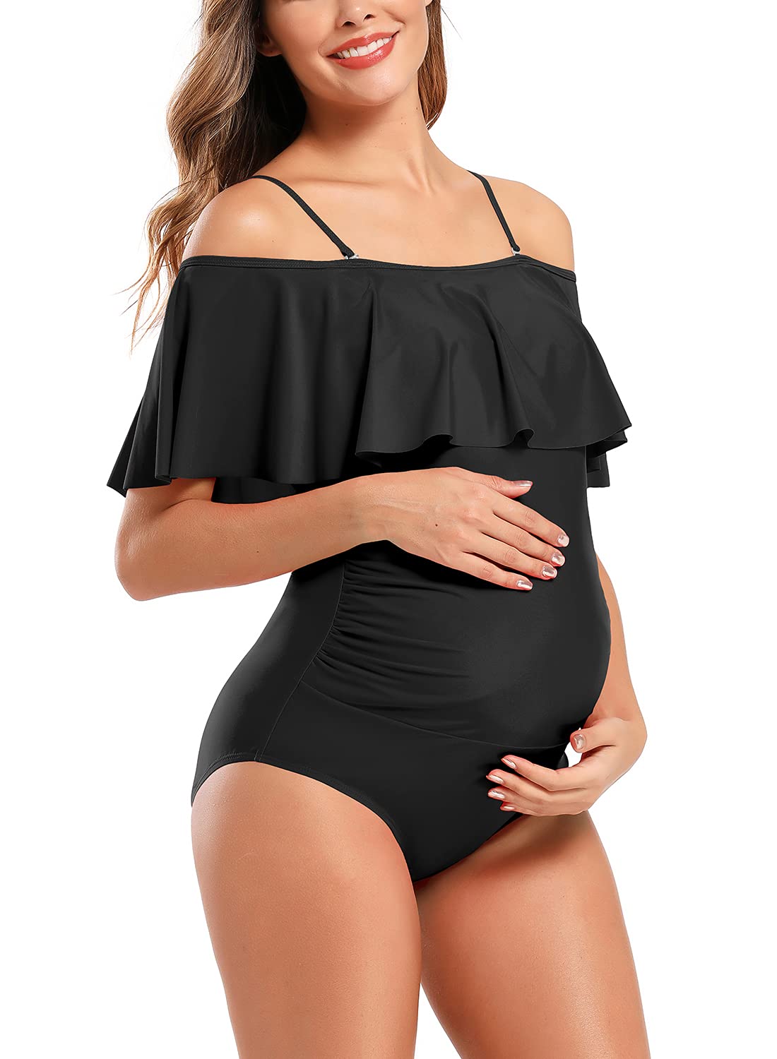 SHEKINI Donne Off-Shoulder Premaman Un Pezzo Costumi Da Bagno Increspature Gravidanza Beachwear - Nero - XL