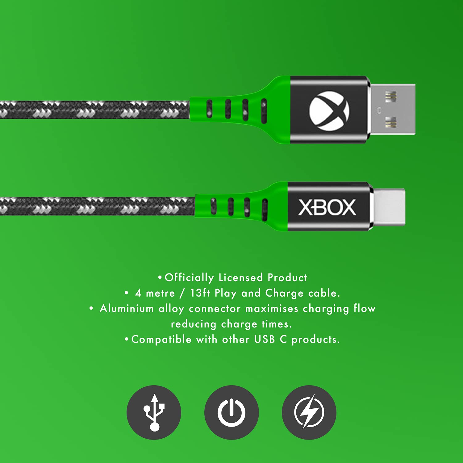 Numskull Offizielles Xbox-Serie X USB Typ-C Nylon geflochtenes Ladekabel 4 m – Schnelllade- und Wiedergabeleitung – kompatibel mit Nintendo Switch, Xbox Series S, PS5, NS2406