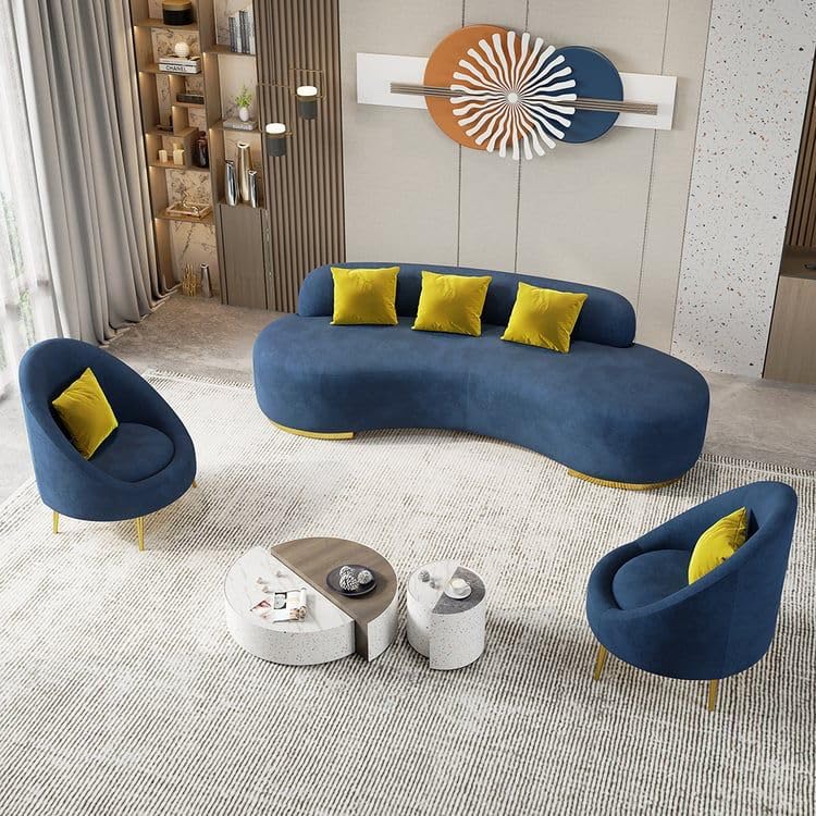 Image of LEGACY OF COMFORT Tara Upholstered Curved Sofa Living Room Set 3 Seater Sofa with 2 Chairs (Blue)