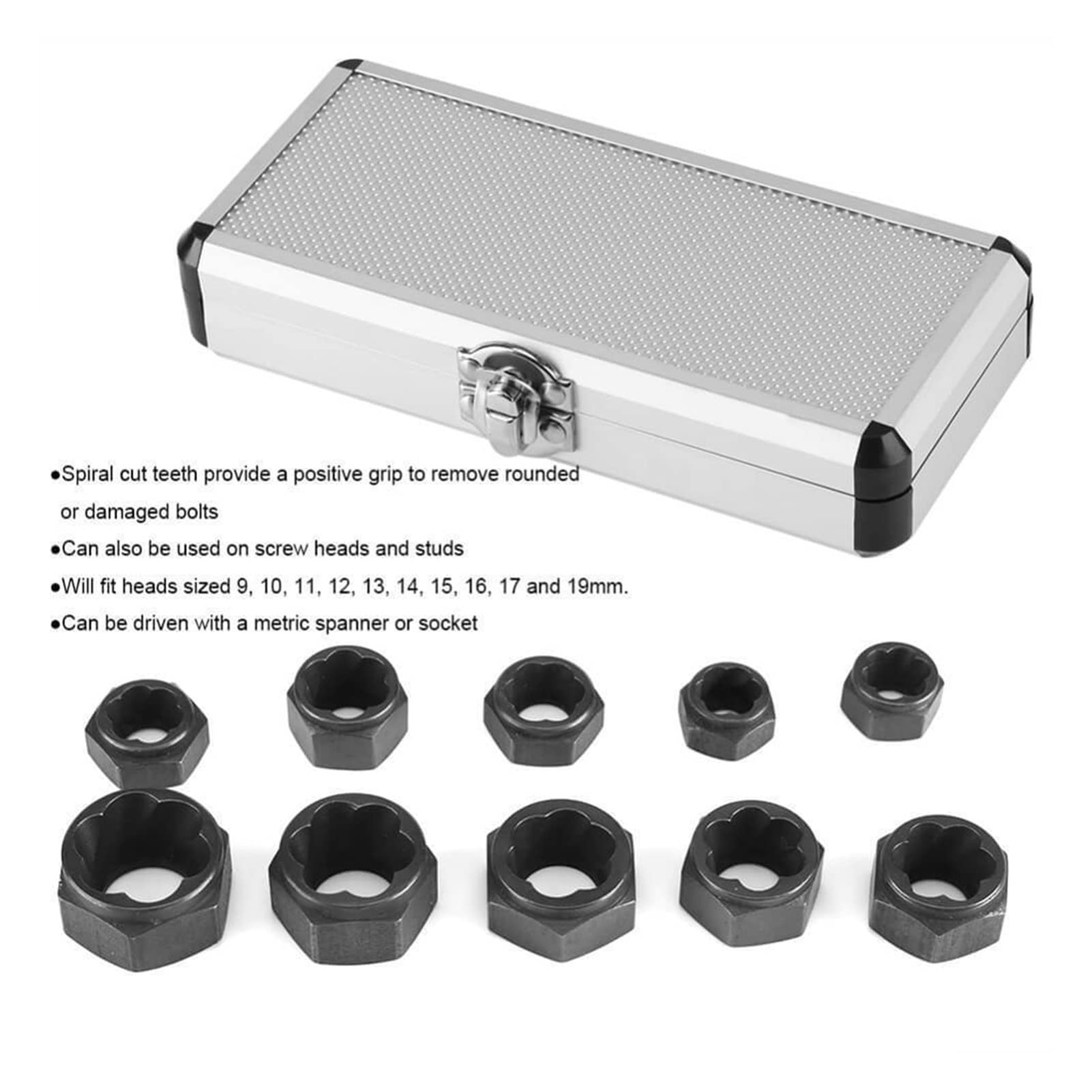 Juego de 10 Tuercas de Vaso para Tornillos, Adaptador de Tuercas dañadas de 9-19 mm, Herramienta de roscado para Extractor de Coche, Accesorios para Taladro eléctrico (Largo)