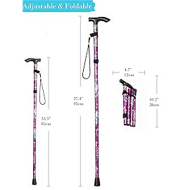 Comfkey Folding Lightweight Walking Stick - Adjustable Aluminum Metal Collapsible Travel Cane with Non-Slip Rubber Base (Purple Floral)