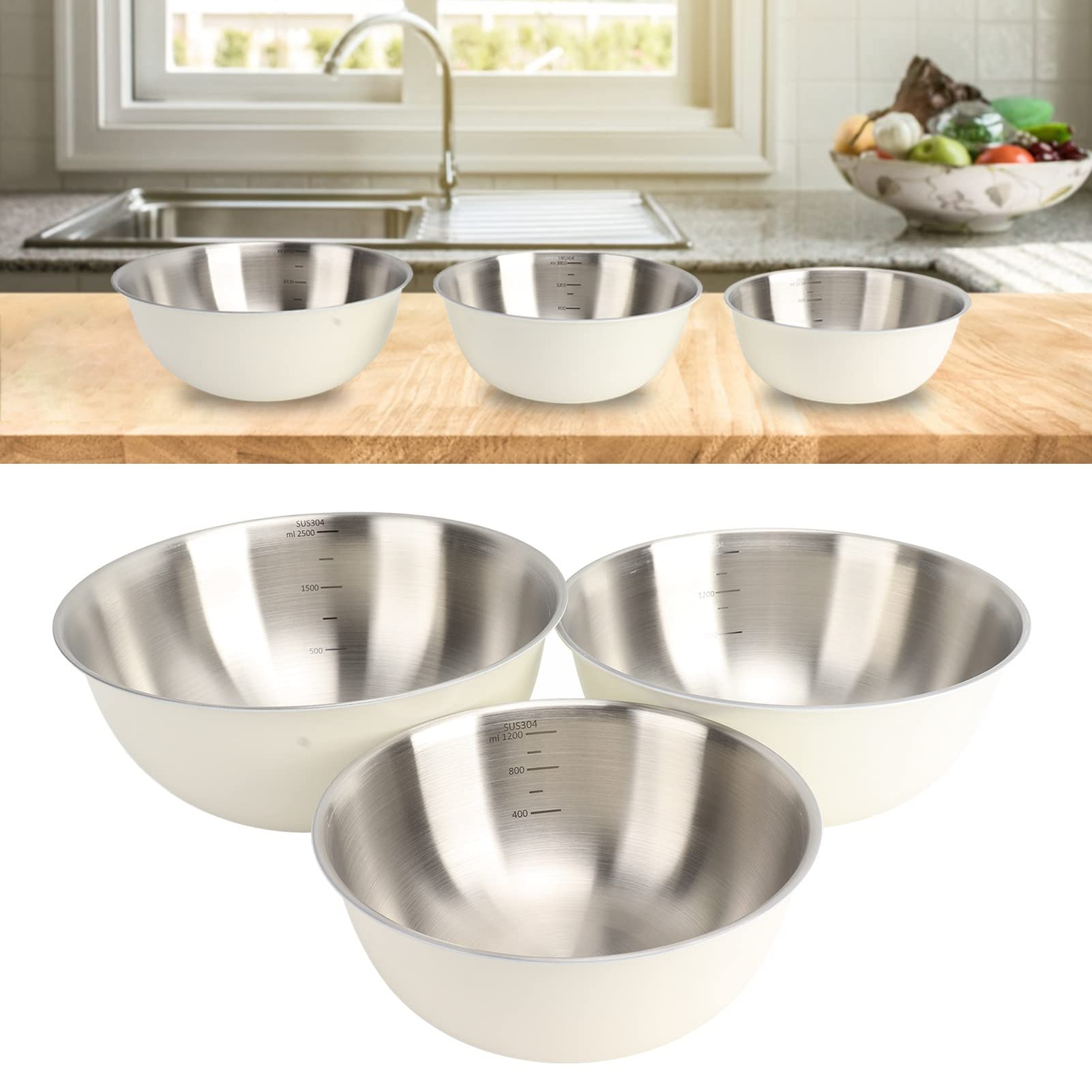 3 Pcs Bols à Mélanger avec Balance, Bassin à Salade Japonais en Acier Inoxydable Cuisson Pétrir la Pâte Bol à œufs Cuisine Organisateurs de Stockage des Aliments(Blanc)