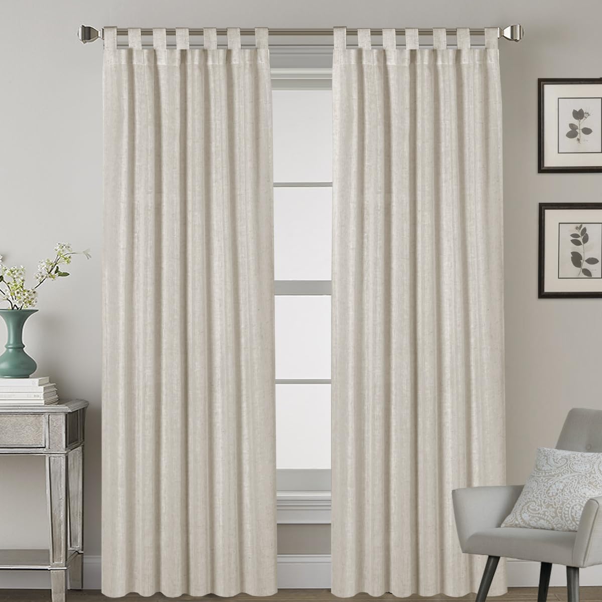 Linen Curtains Natural Linen Semi Sheer Blended Curtains Tab Top Window Treatments Panels Drapes for Living Room, Elegant Light Filtering Curtains (Set of 2, W132cm x D213cm，Angora)