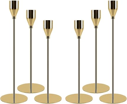 Gold Candle Holders Set of 6, Metal Taper Candle Holders, Tall Gold Candlestick Holders, Fits 2.2cm Thick Candle&Led Candles, for Table Centerpiece, Mantels, Weddings, Dining, Party