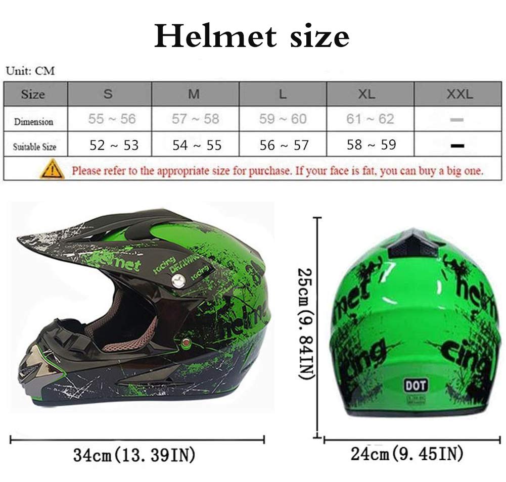 Motocross Casco, Casco integrale Moto Dirt Bike MX ATV Scooter ECE Certified moto casco con occhiali guanti maschera, Verde (S)