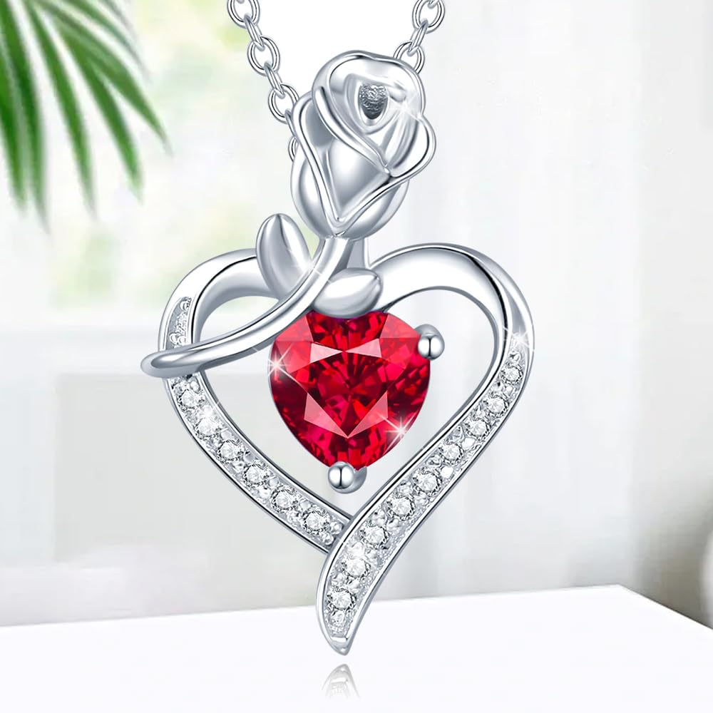Birthstone Necklace for Women in Sterling Silver with Genuine or Created Gemstone Rose Flower Heart Pendant.