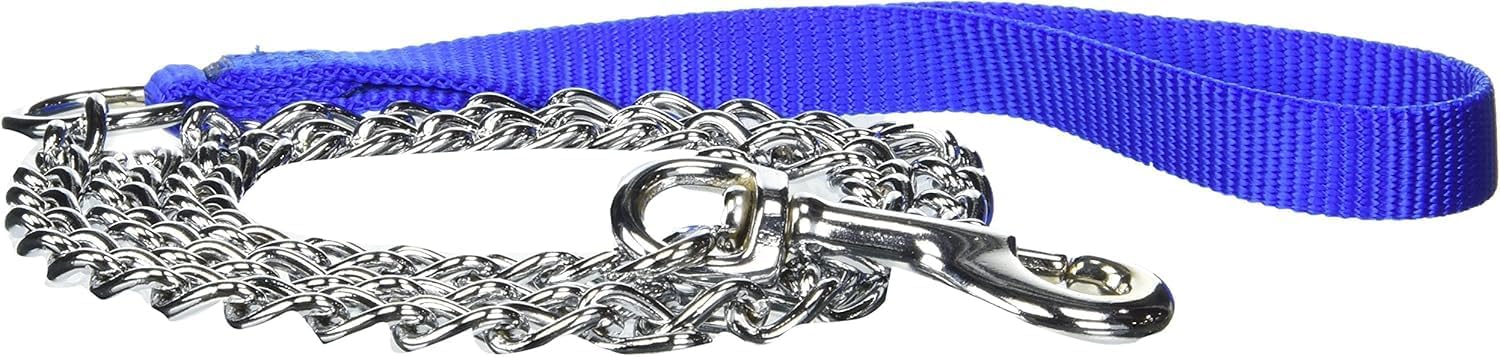 Chain Link Dog Leash with 3mm Heavy Duty Links and Blue Nylon Handle, 4ft Length