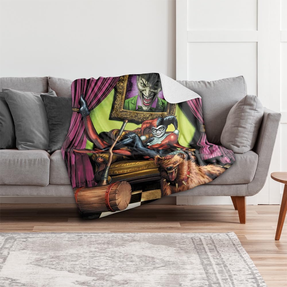 LOGOVISION Batman Harley Quinn Joker Portrait Silky Touch Sherpa Back Super Soft Throw Blanket 60"x80"