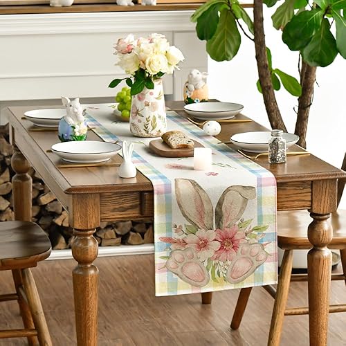 Miniatura 3 de Artoid Mode Camino de mesa de Pascua con flores de conejo, conejo, decoración de mesa de comedor de primavera para decoración de fiesta del hogar,
