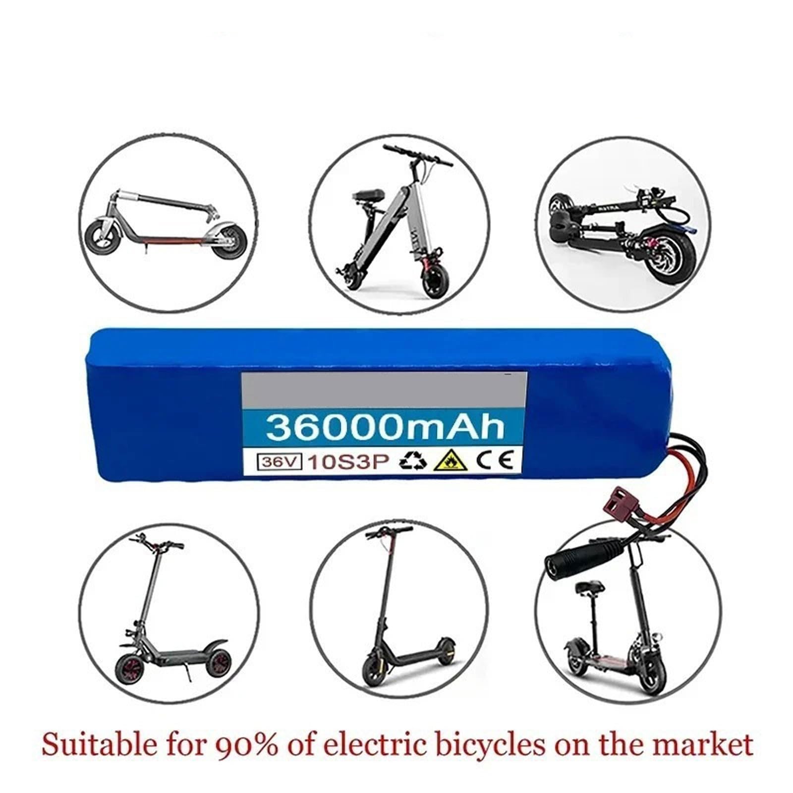 Batterie Trottinette Électrique 36V 36Ah pour Scooter Vélo Électrique Protection BMS 10S3P Boîtier en PVC étanche pour 250W 500W 750W Et avec Chargeur 36V 36h,XT60+JST