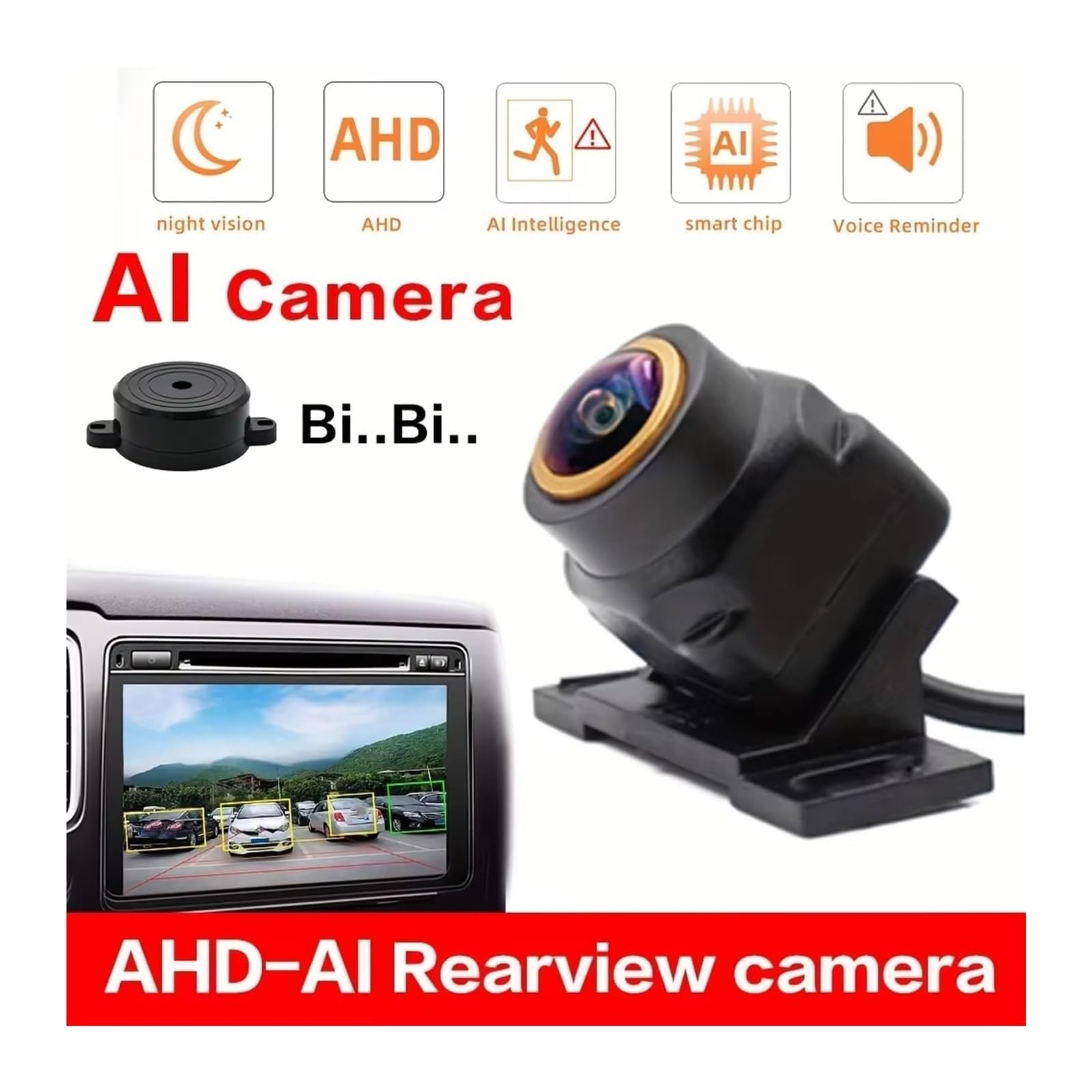 Cámara Inteligente para Coche 1080P-25 AHD con IA, Vista Delantera/Trasera/Rueda Repuesto Seguimiento Asistencia Aparcamiento Universal Cámara de Respaldo
