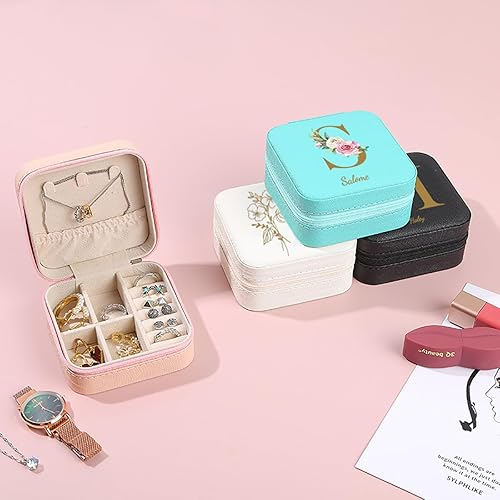 Miniatura 5 de Joyero personalizado, caja organizadora de joyas de flores de nacimiento personalizada para mujeres, estuche de viaje de cuero personalizado con