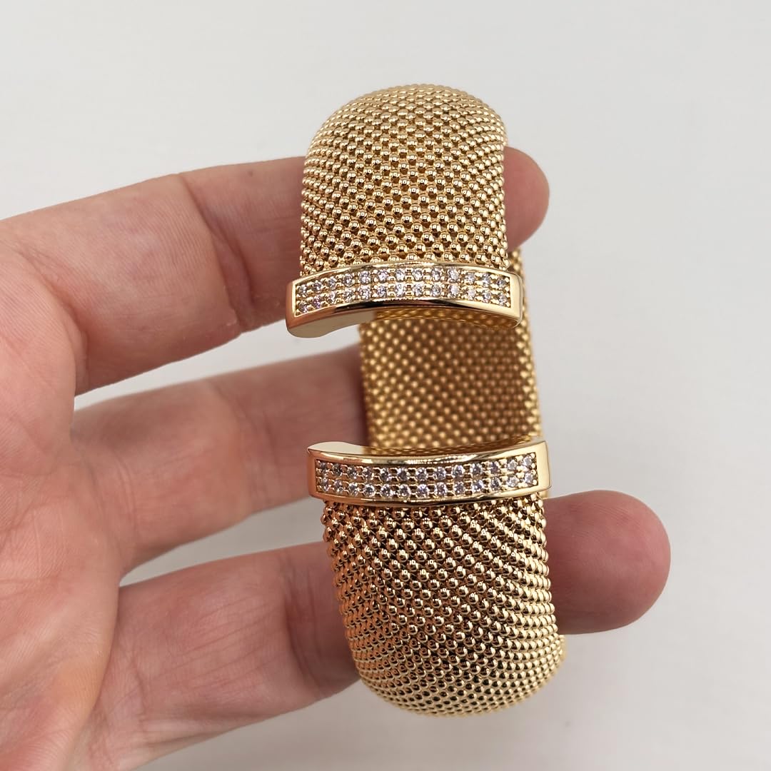 Bracciale donna rigido largo in bronzo dorato con cristalli bianchi misura regolabile gioiello ragazza donna elegante Made in Italy