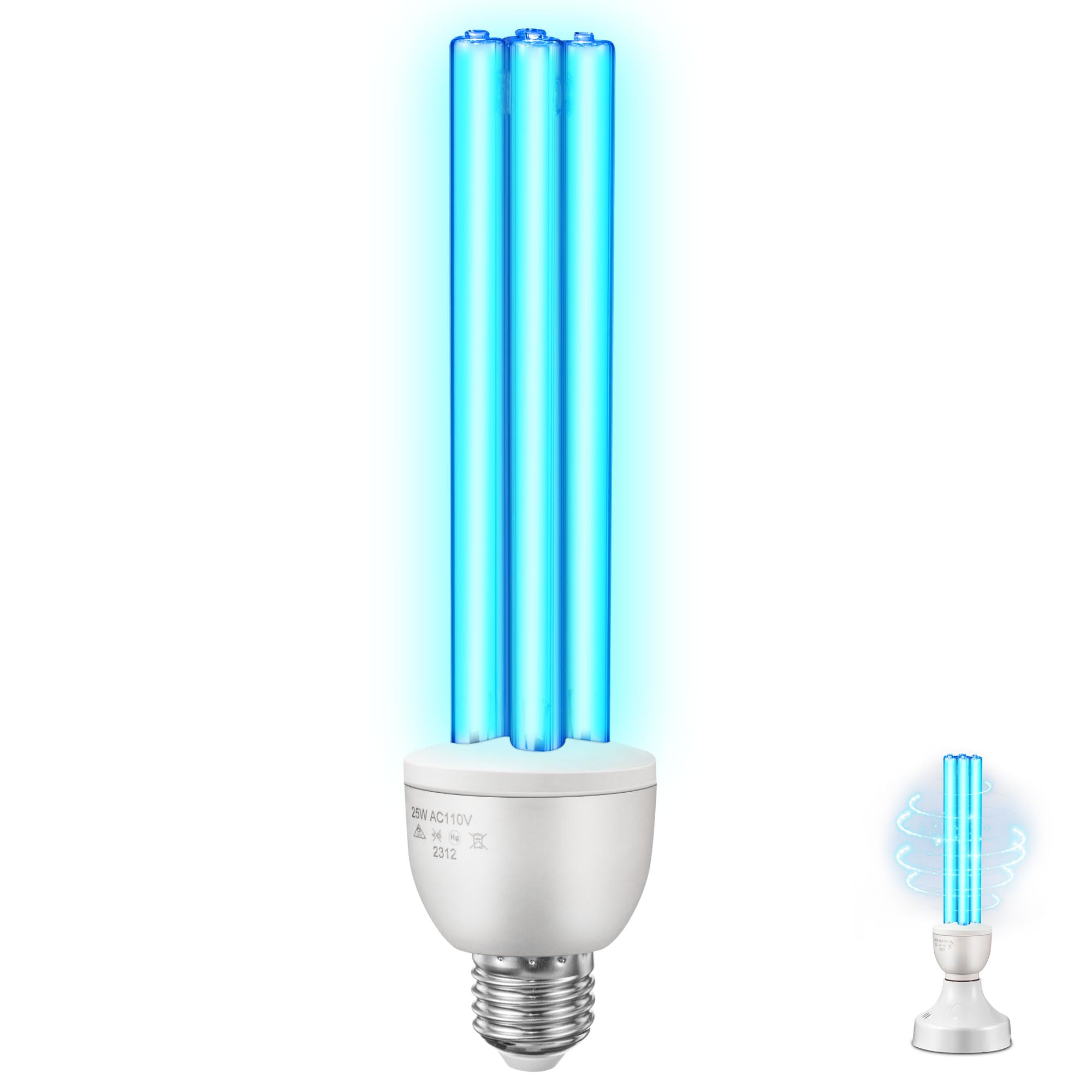 25W UV Light Bulbs, 254nm UVC Germicidal Lamp Bulb with E27 Base, 360° Sterilization for 500 Sq ft Areas, Effective for Bacteria Neutralization in Living Rooms, Kitchens, Offices, Basements(No Ozone)