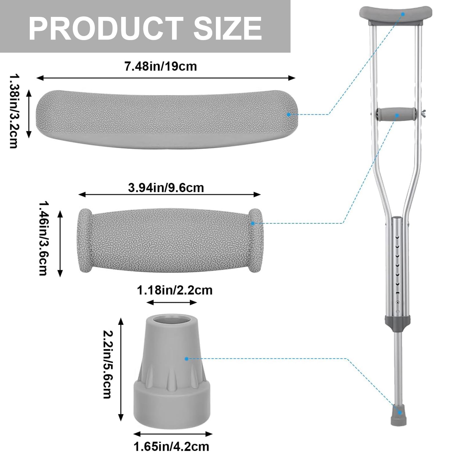 Crutch Padding and Crutches Accessories, Comfort Padding for Armpits and Hand Grips with Replacement Tips, Fits Standard Aluminum Crutches 6 Pcs