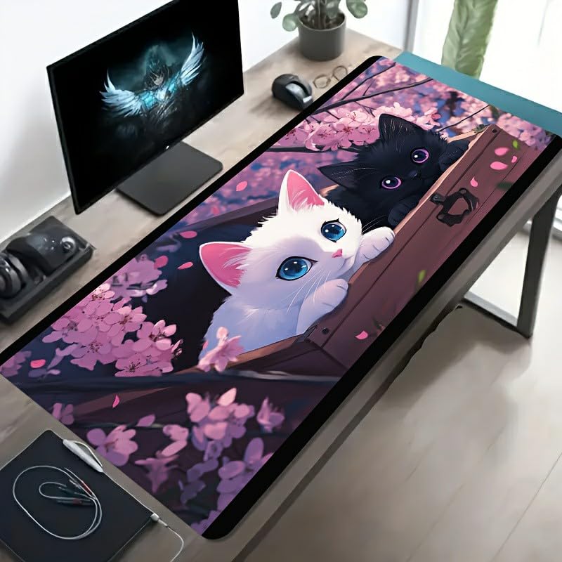 Gadgets WRAP Extended Desk Mat Mouse Pad 18 x 36 Inch, Anti-Slip, Spill-Resistant, Ideal for Home, Office, Gaming Setups – Cute Cat in Pink Flower