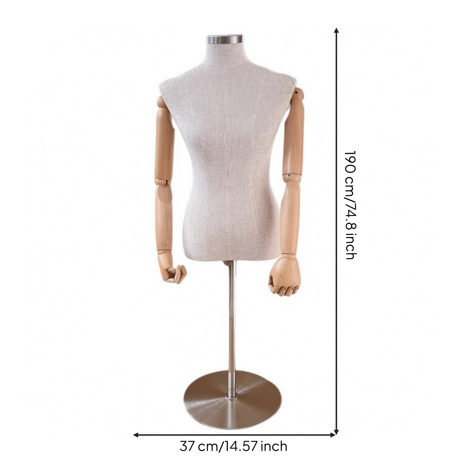 Gralara Maniquí Medio Cuerpo con Brazos Articulados Profesional Busto Exhibición con Base Metal Estable Maniquí Base Metal para Sastres