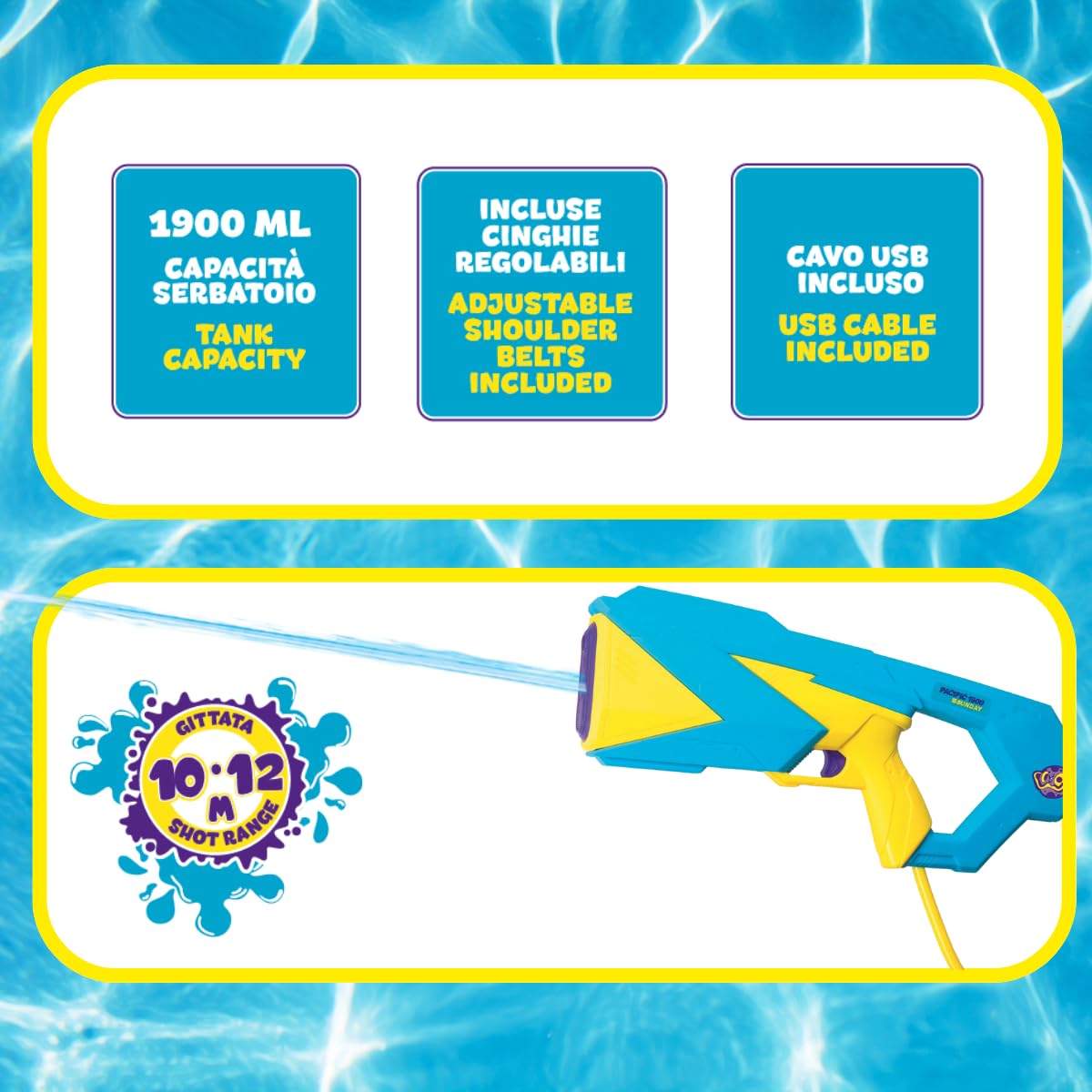 ODS - Splashmatic Pacific 1900, Spara Acqua con Serbatoio a Zainetto, a Batteria con Ricarica USB, Pistola ad Acqua 48 cm, Capacità Serbatoio 1900 ml, Età Consigliata +6 Anni