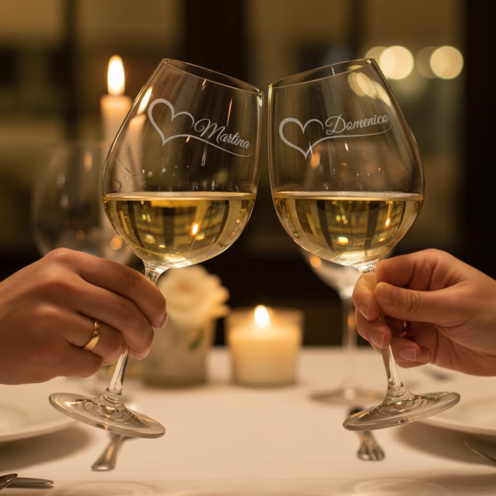 Calici da vino Personalizzati con Nomi – Set Coppia Lui & Lei – Idea Regalo San Valentino, Anniversario o Matrimonio – Bicchieri da Vino Incisi al Laser Made in Italy – Eleganti e Personalizzabili