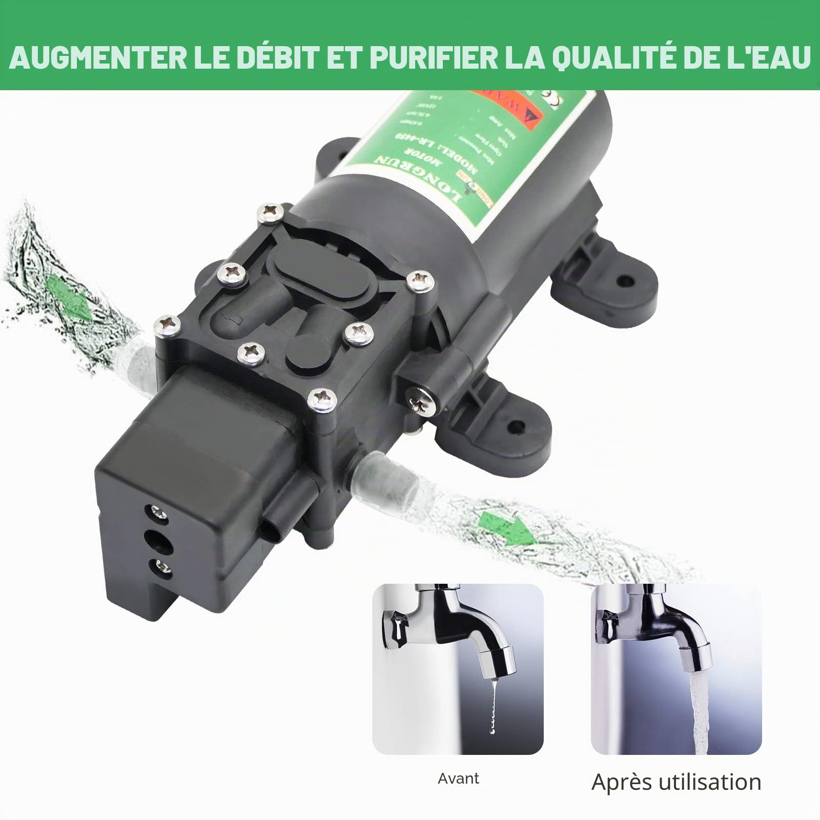 LONGRUN Pompe a Eau 12V DC Camping Car, 65PSI 3L/Min Pompe à Eau à Membrane Auto-amorçante Haute Pression, Pompe a Eau pour RV Caravan Boat Nettoyage Jardin Lavage Arrosage
