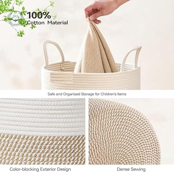 Image of Storage Rope Laundry Hamper Basket for Clothes, Towels and Blankets in Livingroom, Bedroom, Laundry Room and Basket for Nursery Storage (Size - 14 inch x 14 inch x 16 inch) (White Beige Mix)