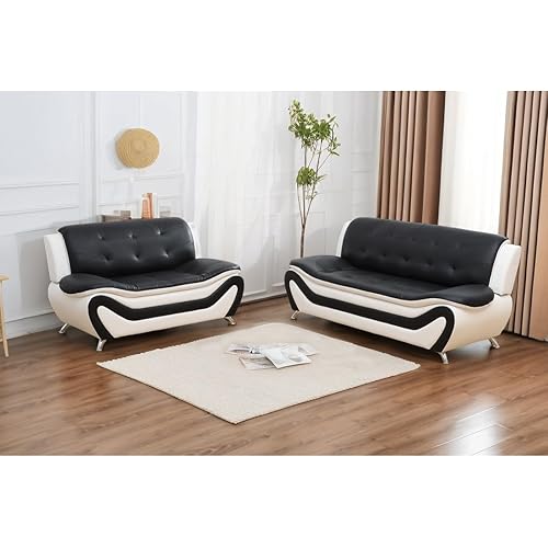 JFlove Sectional Couches Living Room Furniture Sets Modern Leather Sofa Set Living Room Set Sofas for Living Room, Bedroom or Office (a-Leather Black&White, Sofa+Loverseat)