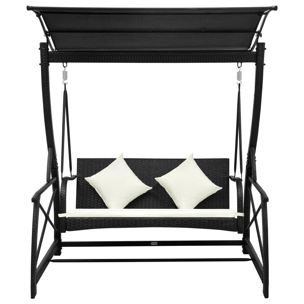 Hollywoodschaukel 3-Sitzer mit Dach, PE Rattan Schaukelbank schwarz, inklusive Kissen, pulverbeschichteter Stahlrahmen, abnehmbare Kissenbezüge, max. 110 kg pro Sitz