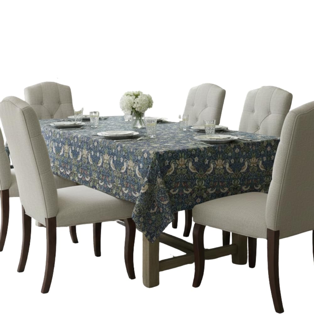 Jolee William Morris Strawberry Thief Navy Blue Outdoor and Indoor Water Repellent Tablecloth Rectangular 144 CM x 350 CM Washable Kitchen Dining Table Cover