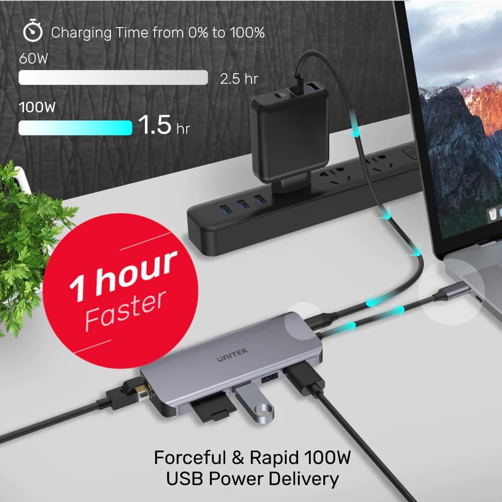 UNITEK Hub USB-C z 3 portami USB-A 3.1, 4K HDMI, FullHD VGA, Gigabit Ethernet RJ45 i czytnikiem kart SD i microSD, Power Delivery 100 W, Plug & Play/aluminium