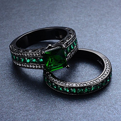 Junxin Black Gold Square Emerald Green Gemstone Women Wedding Engagement Set Round Cz Size5/6/7/8/9/10/11(9) #TOP3
