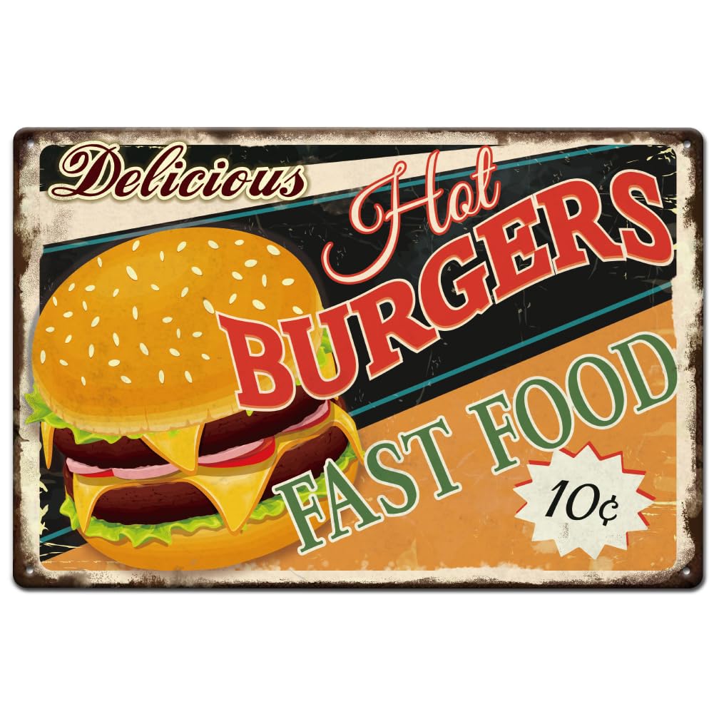 rayprint Hot Burgers Metal Tin Sign Funny Breakfast Retro Metal Fast Food Poster for Home Kitchen Restaurants Cafes Bars Pub Man Cave Wall Decor Plaque 8"x12"