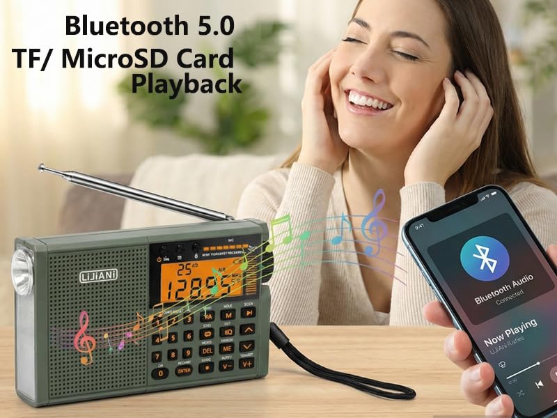 Image of Shortwave Radio AIR /VHF /AM /FM /Weather 6-Bands with Bluetooth /TF Card,4W Flashlight,Reading Lamp,Keyboard Backlight, Digital Recording, Alarm Clock,Powered by AA & LI Battery,Type-C /ANT Jack