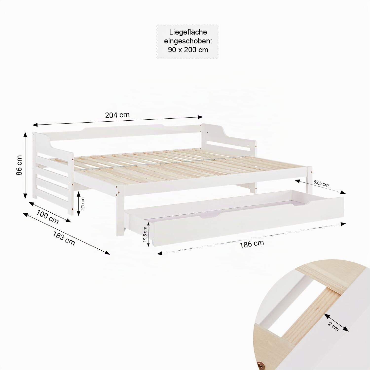 Homestyle4u Kinderbett 90x200 Ausziehbar - Holzbett Weiss mit Schublade | Massives Kiefernholz Tagesbett, Ausziehbett auf 180x200 Doppelbett, inklusive Lattenrost & Stauraum Funktionsbett