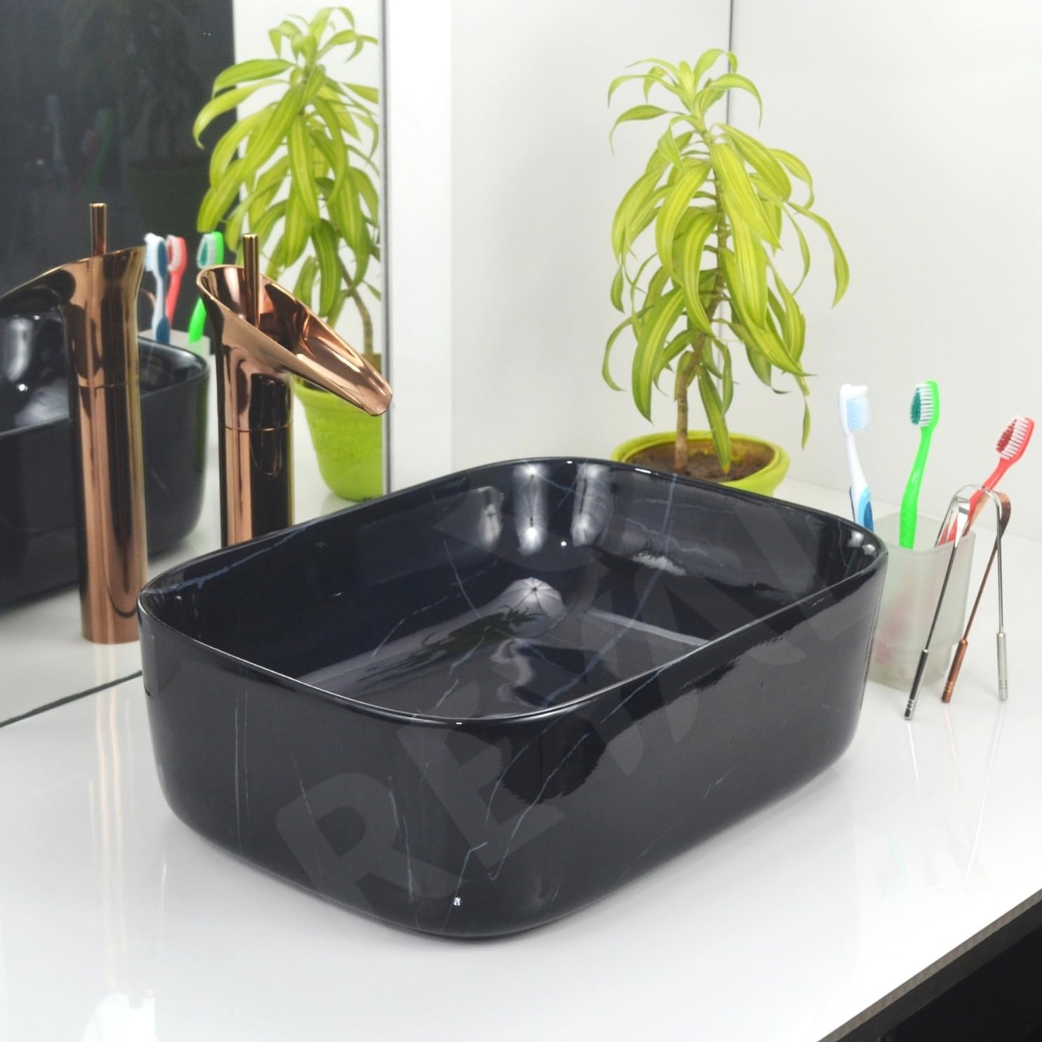 Reyal Marble Wash Basin - Ivory Gold Vessel Sink -21