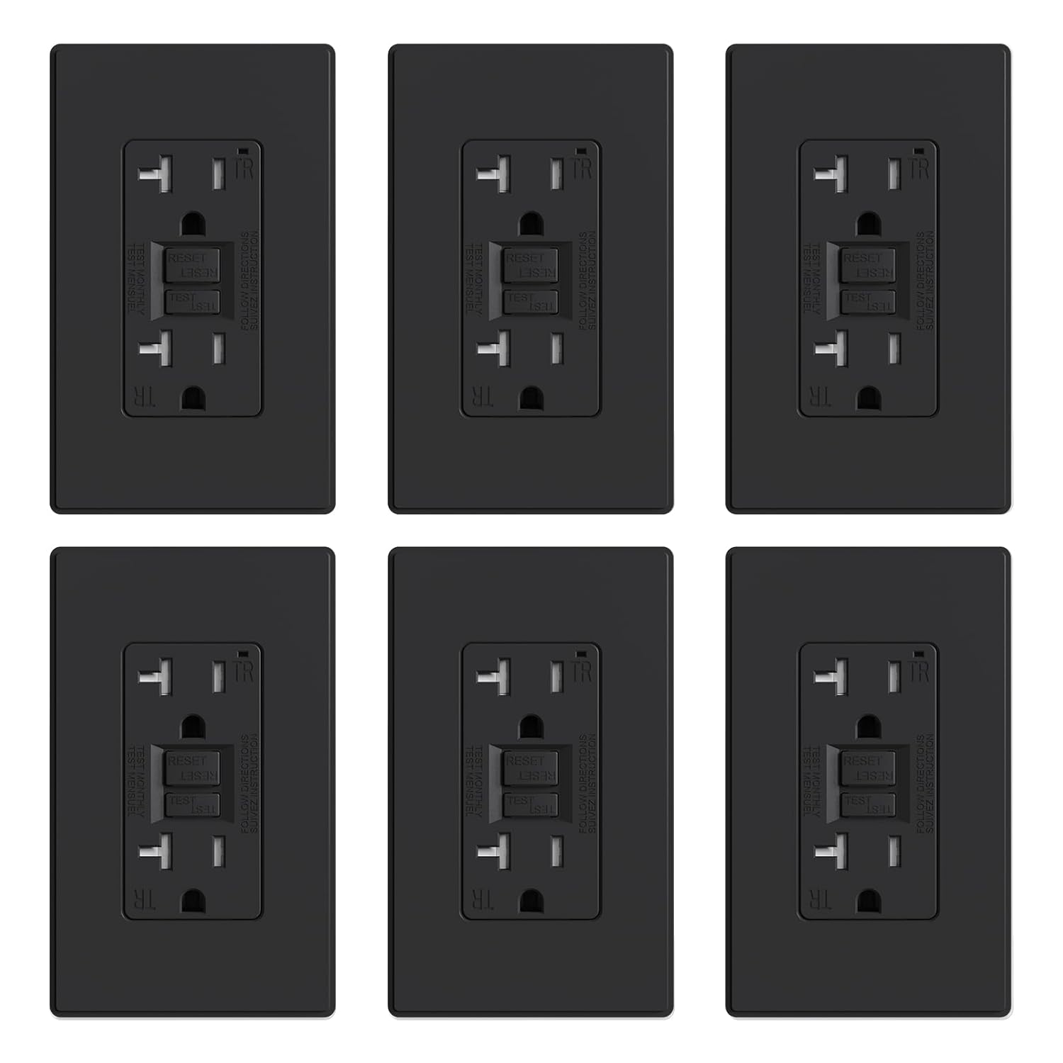 ELEGRP GFCI Outlet 20 Amp, Self-Test GFI Electrical Outlet with Thinner Design, TR Tamper Resistant GFCI Receptacle, Ground Fault Circuit Interrupters with Wall Plate, UL Listed, Matte Black, 6 Pack