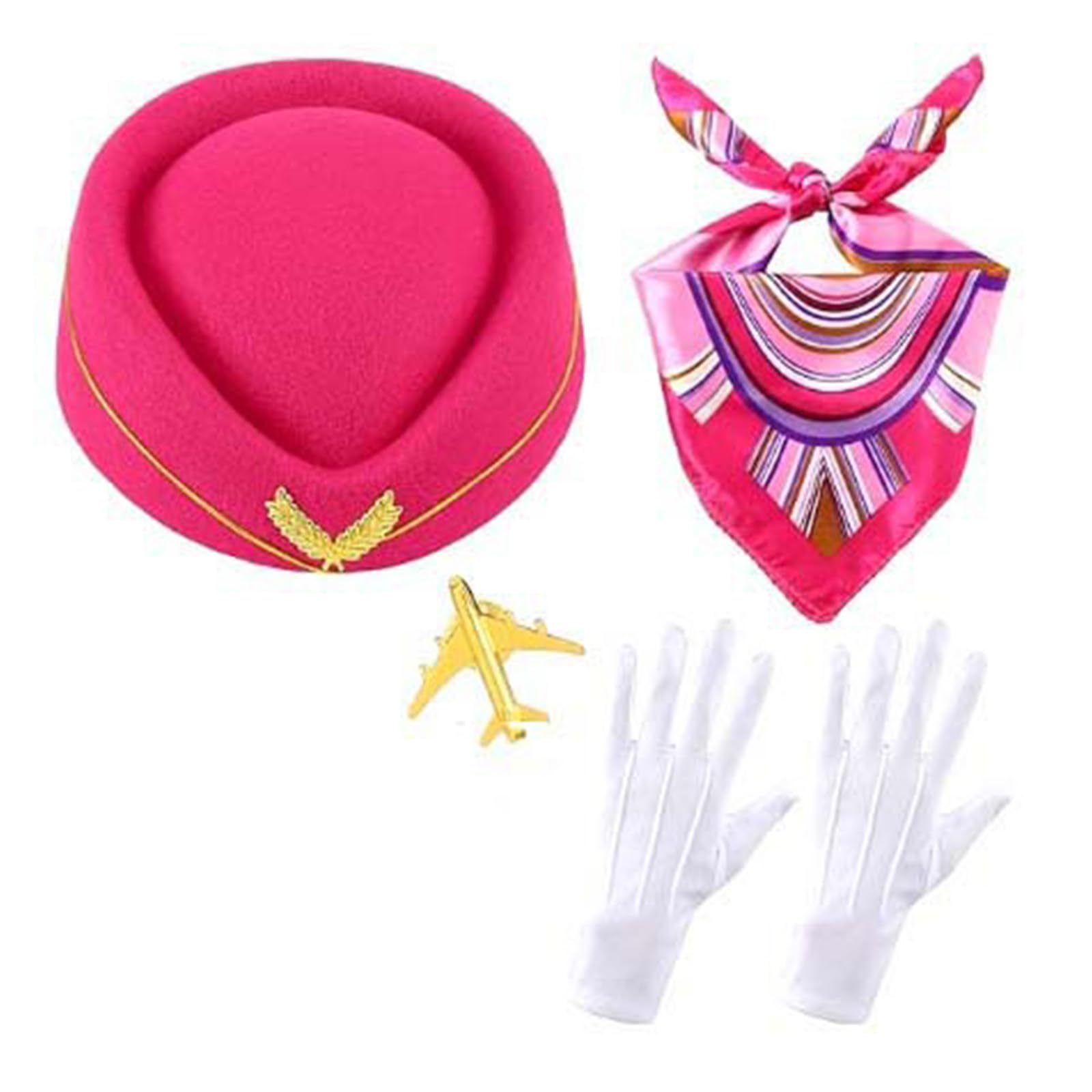 GMBYLBY 4Pieces Women Flight Attendant Costume Accessories Stewardess Outfits With Bellhop Hat Scarf Gloves Plane Pins Set Air Hostess Cosplay Costume