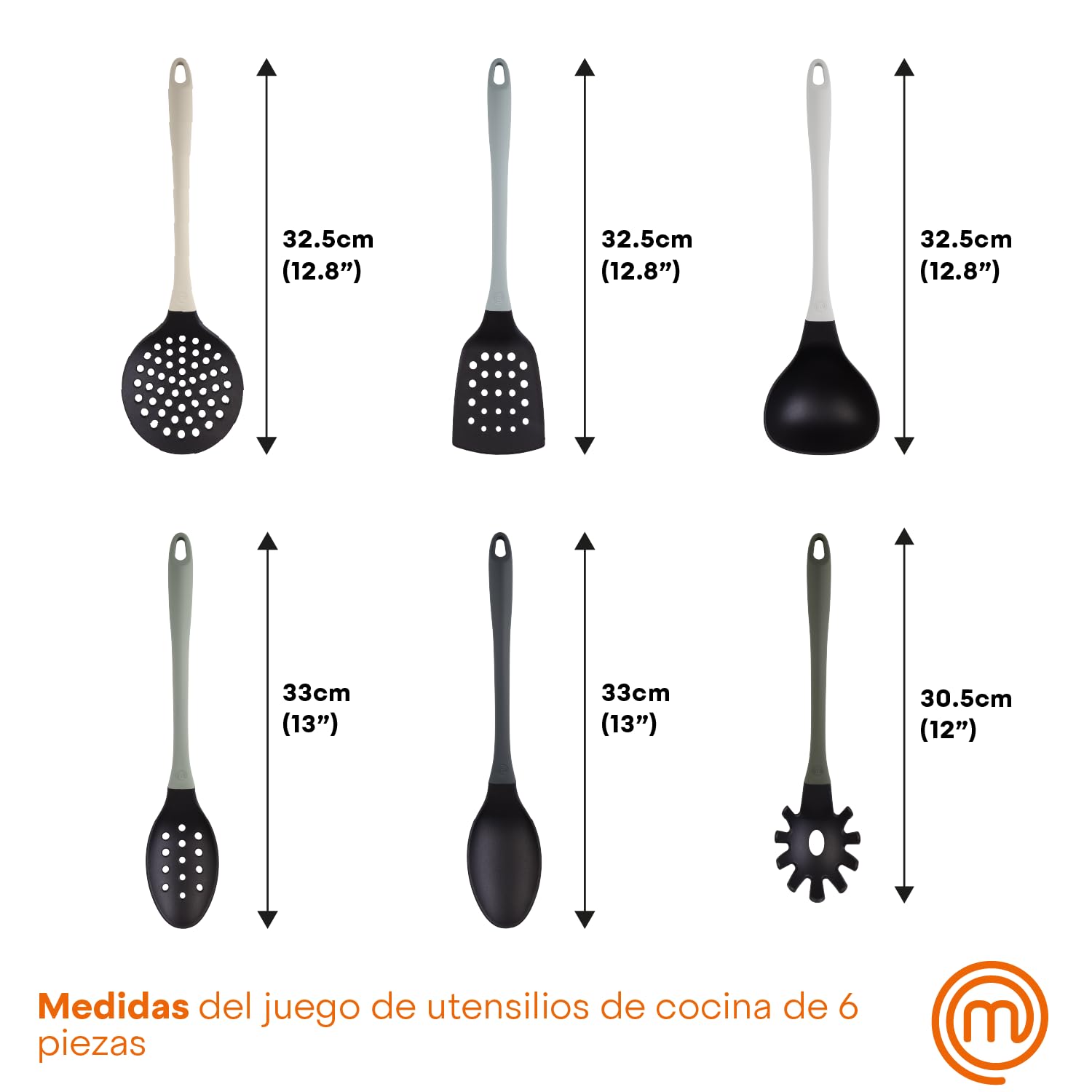 Masterchef Utensilios de Cocina con Cucharas, Espatula, Cazo para Sopa, Espumadera y Cucharon, Resistentes al Calor, Set Menaje, Accesorios Antiadherente, Gris