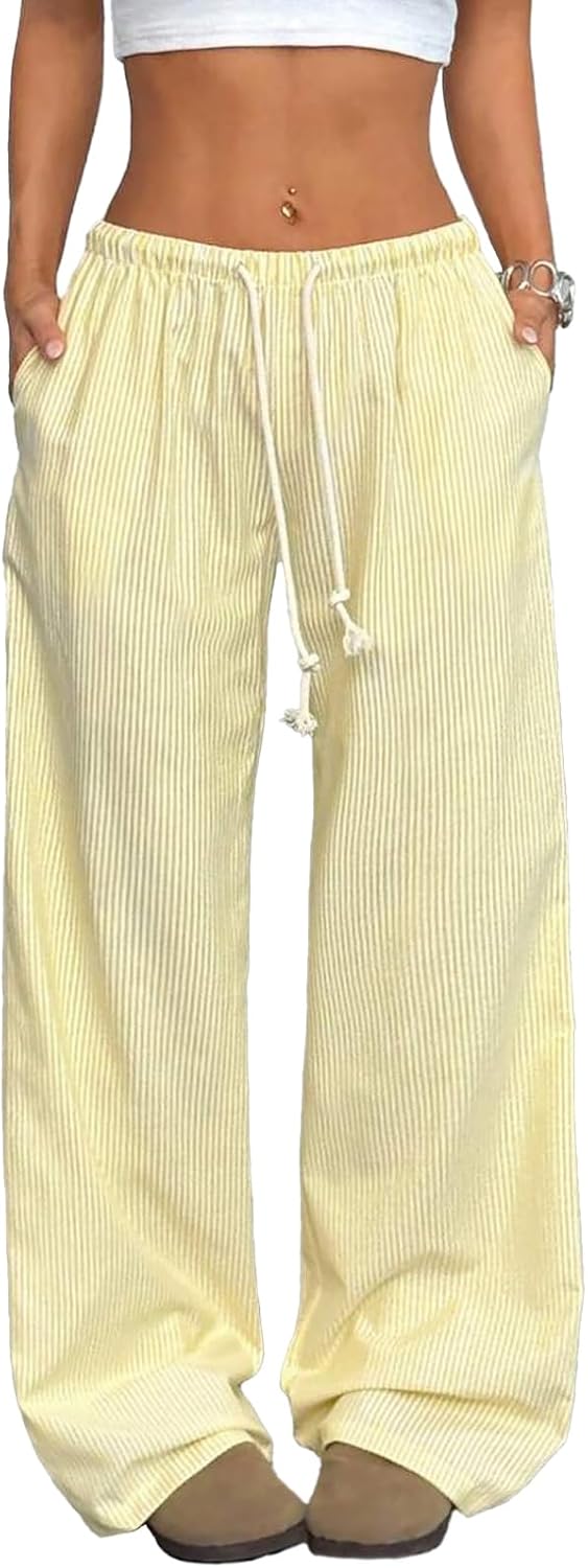 AlvaQ Womens Plus Size Striped Pants Casual Loose Drawstring Elastic Waist Wide Leg Boxer Trousers with Pockets L-4X